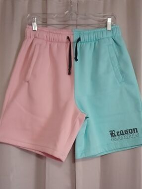Reason Brand Two-Tone Pink & Teal Athletic Shorts Pockets Elastic Waist Unisex